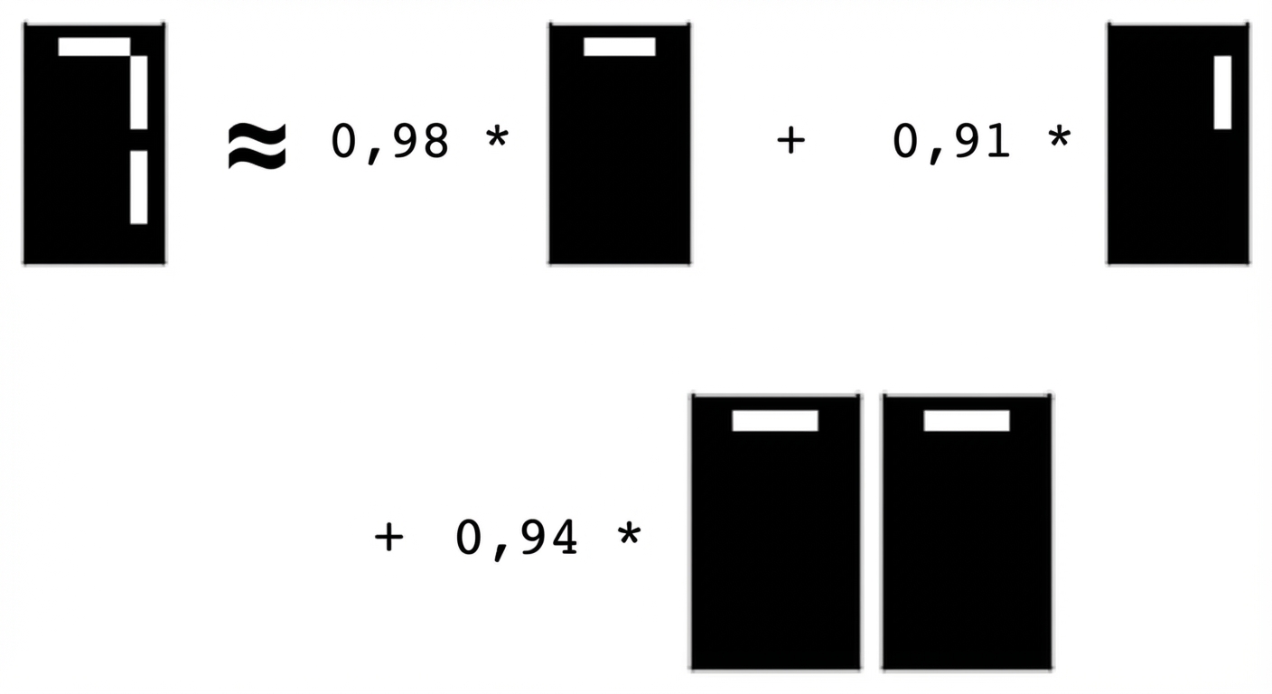 box with 3 stripes approximately equals 0.98 times box with one stripe plus 0.91 times box with a different stripe plus 0.95 times box with a different stripe