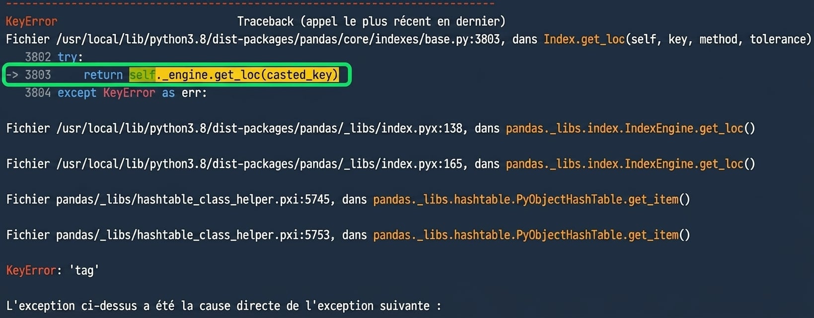 Traceback avec la ligne 3803 mise en évidence
