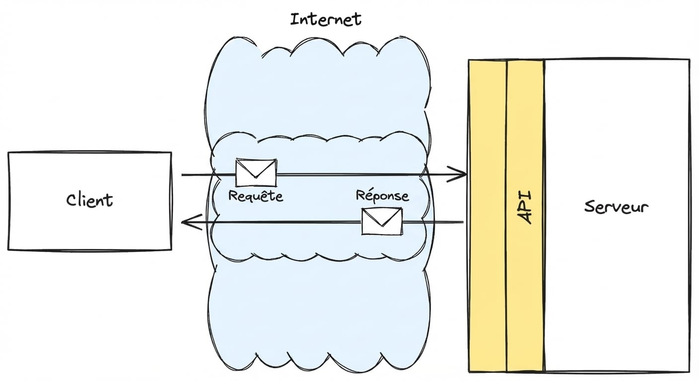 Schéma montrant l’interaction client‑serveur sur Internet via une API, avec messages de requête et de réponse.