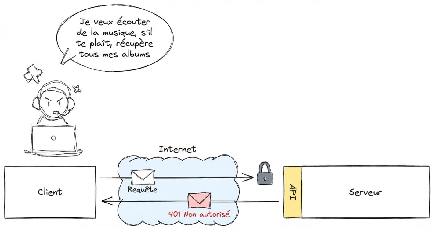Un utilisateur tente d’accéder à des albums via un client. La requête est envoyée via Internet à un serveur par une API mais reçoit « 401 Unauthorized ».