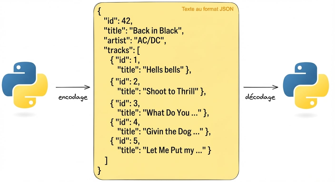 Représentation visuelle de l’encodage et du décodage de texte au format JSON avec Python. Le JSON contient des détails sur l’album « Back in Black » d’AC/DC.