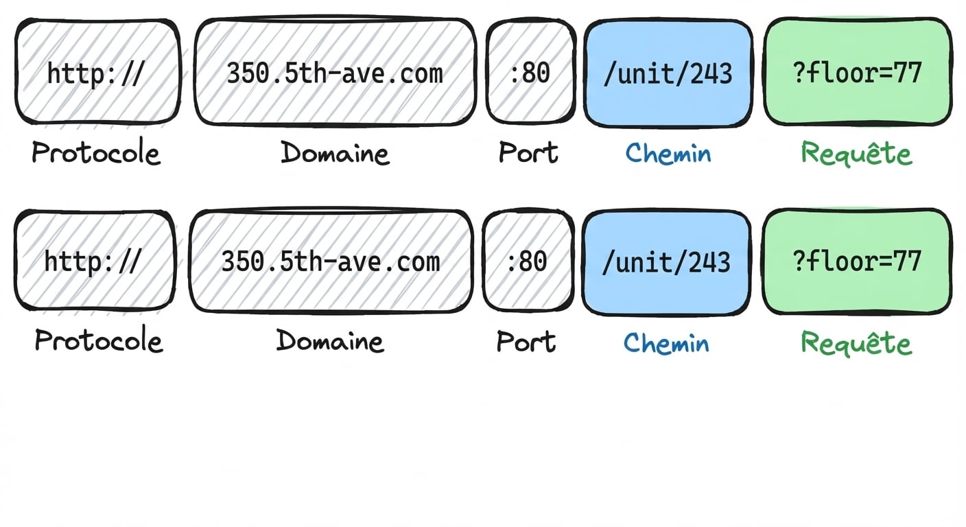 Schéma montrant les parties d’une URL : Protocole (http://), Domaine (350.5th-ave.com), Port (:80), Chemin (/unit/243) et Requête (?floor=77).