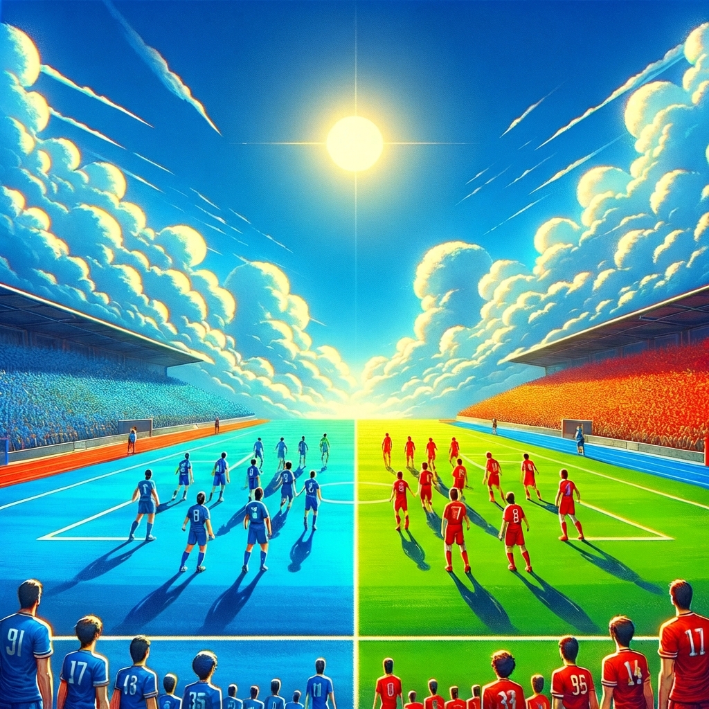 Image d’équipes de football rouge et bleu jouant l’une contre l’autre