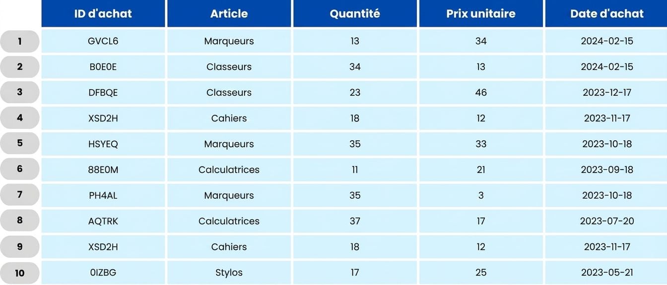 Table showing school orders