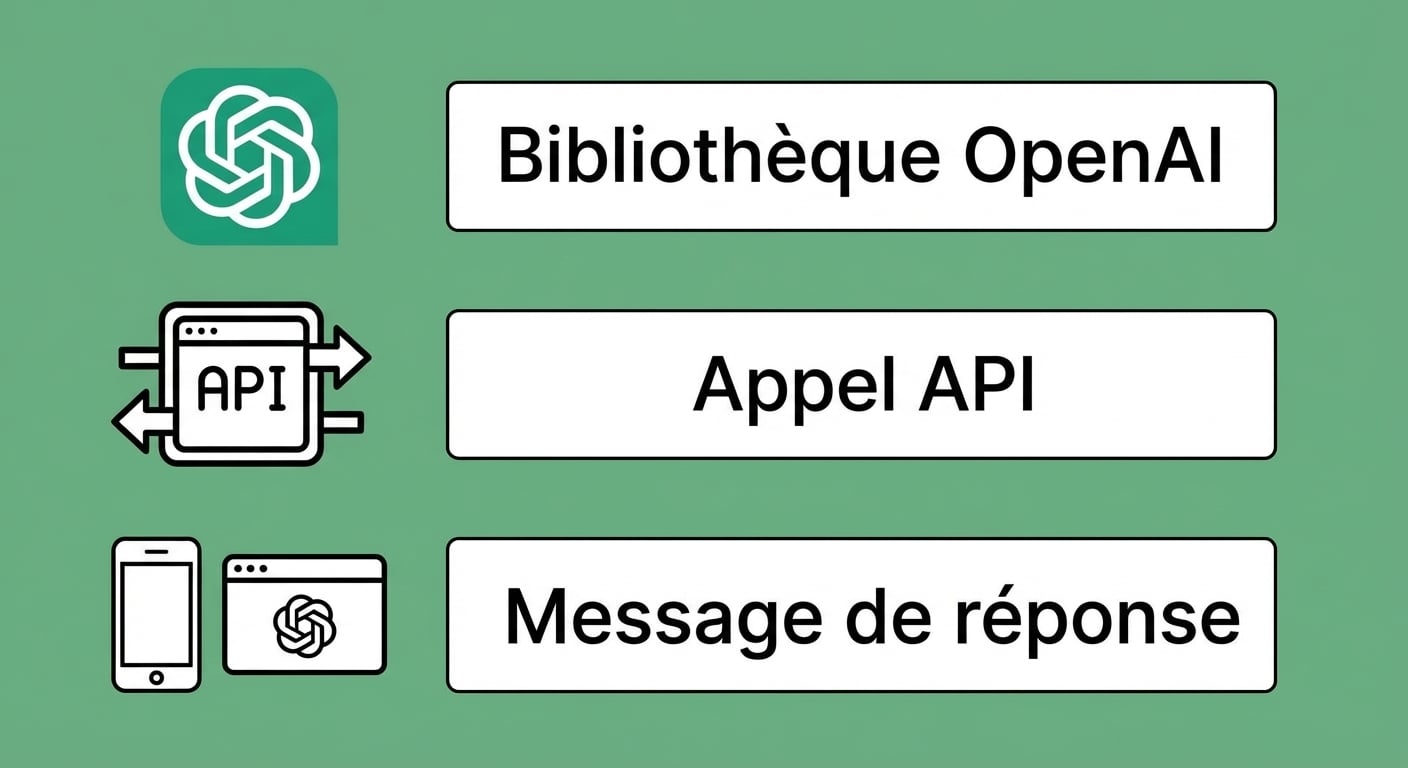 Schéma listant la bibliothèque OpenAI avec son logo, un appel d’API générique avec une icône d’API, et un message de réponse avec son icône
