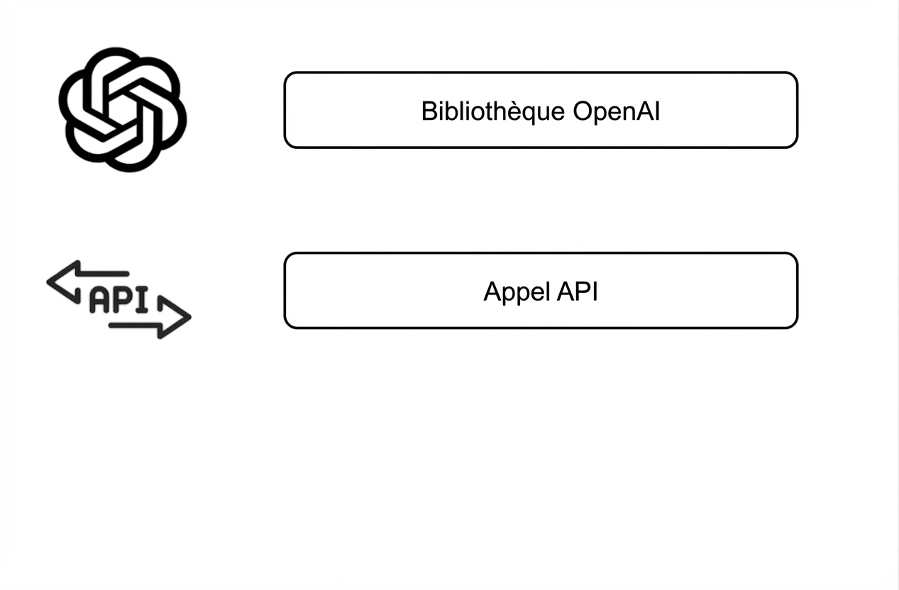 Schéma listant la bibliothèque OpenAI avec son logo, et un appel d’API avec une icône d’API