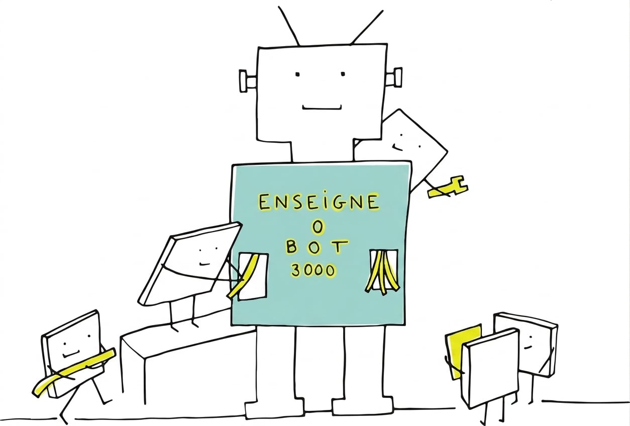 Image humoristique de personnages de dessin animé construisant un robot à grande échelle