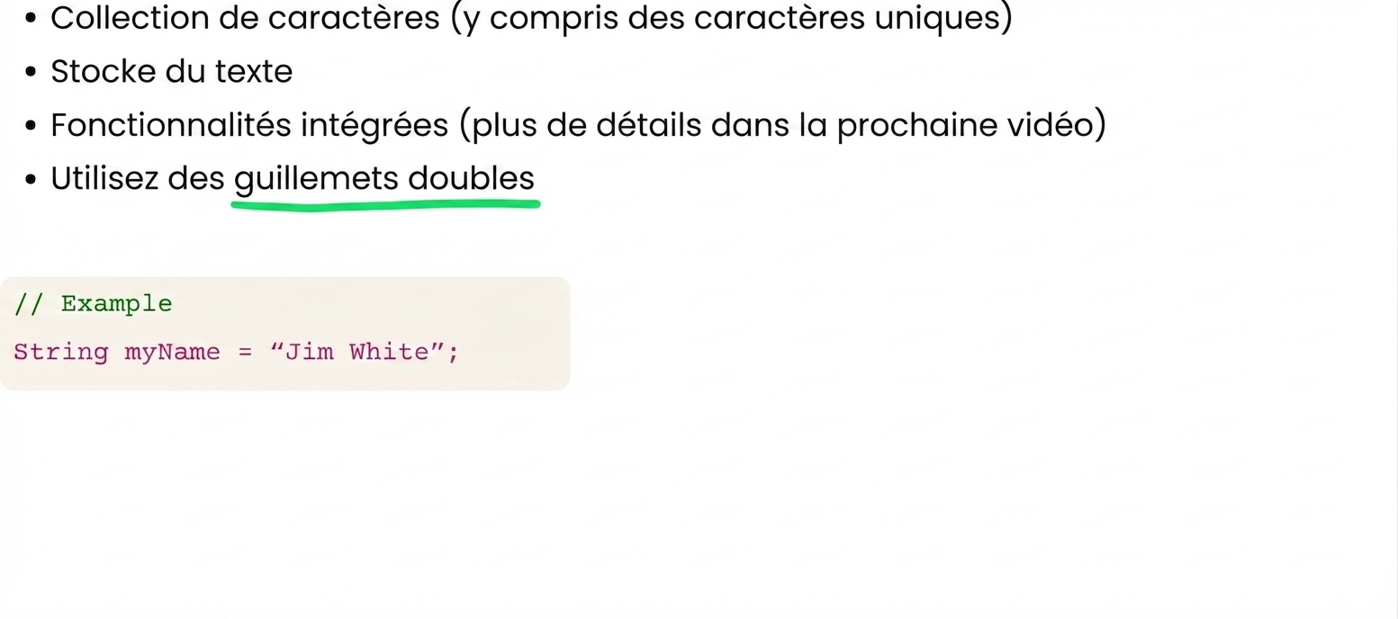 Les chaînes sont un ensemble de caractères entre guillemets doubles.