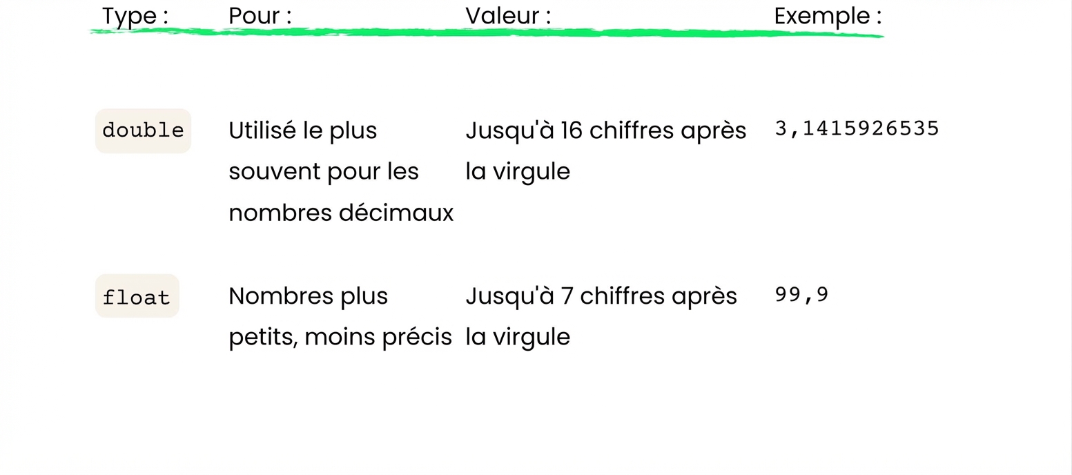 Le type float stocke jusqu'à 7 décimales.