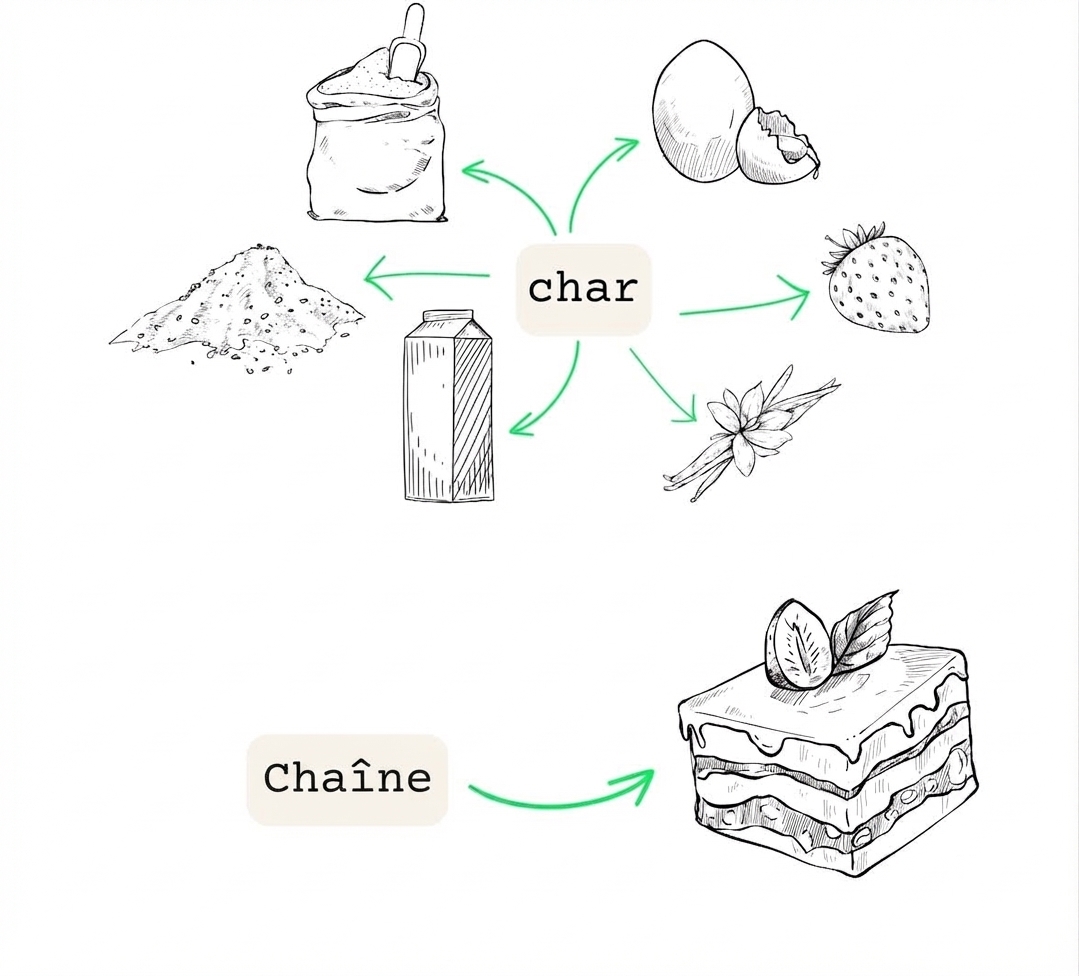 Les primitifs sont comparables à des ingrédients, tandis qu'une chaîne est un plat préparé à partir de ces ingrédients.