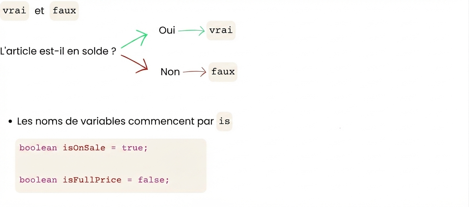 Les noms des variables booléennes doivent commencer par « is », par exemple « isOnSale ».