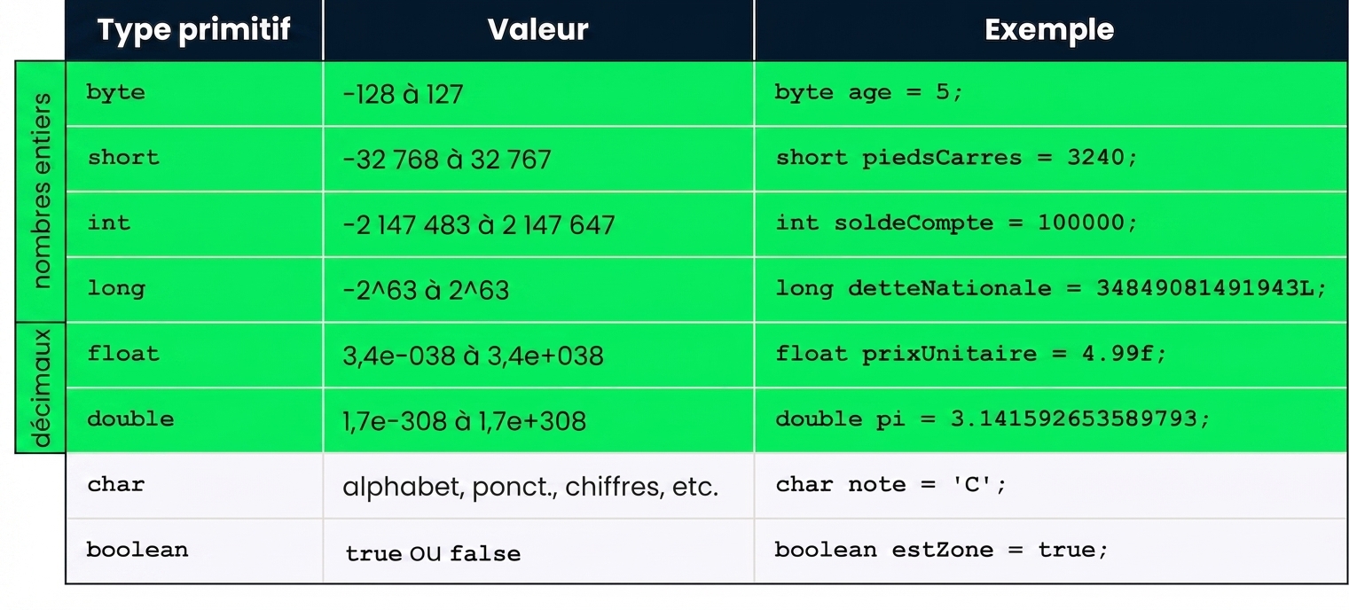 byte, short, int, long, float et double sont tous mis en avant dans cette vidéo.