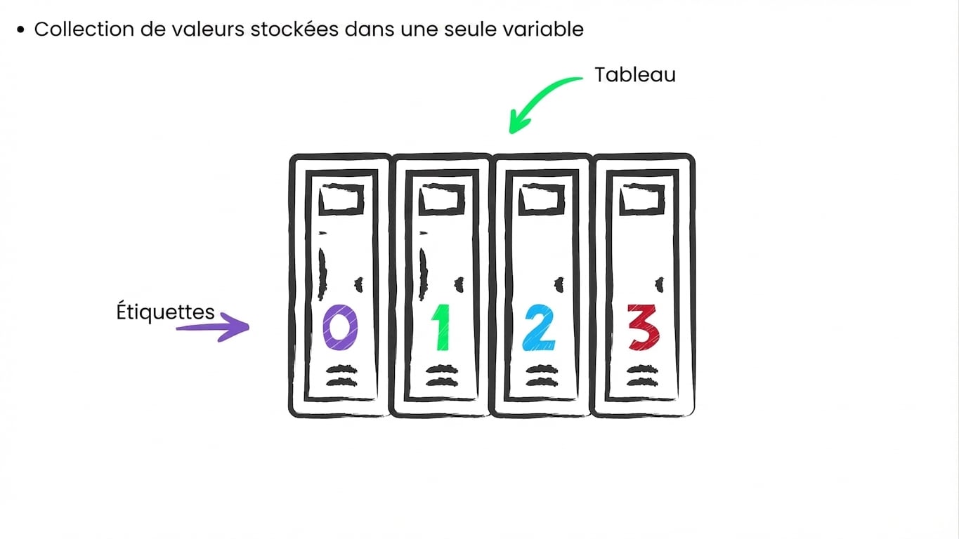 Un tableau représenté sous la forme d'une ligne de casiers, où chaque casier est identifié par une étiquette numérotée ou un index.