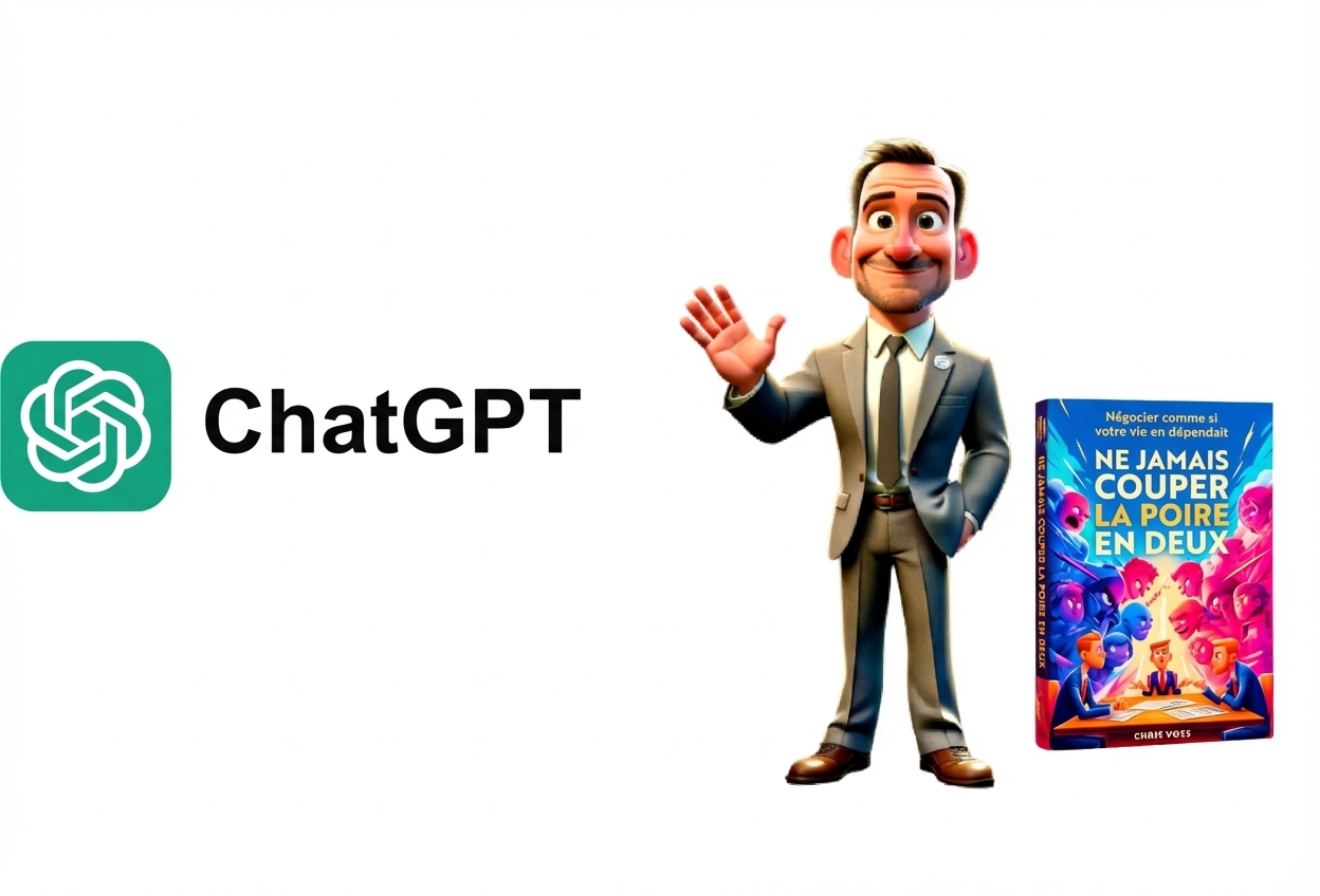L'image présente le logo ChatGPT, un personnage de dessin animé en costume faisant un signe de la main, ainsi que le livre « Never Split the Difference ».