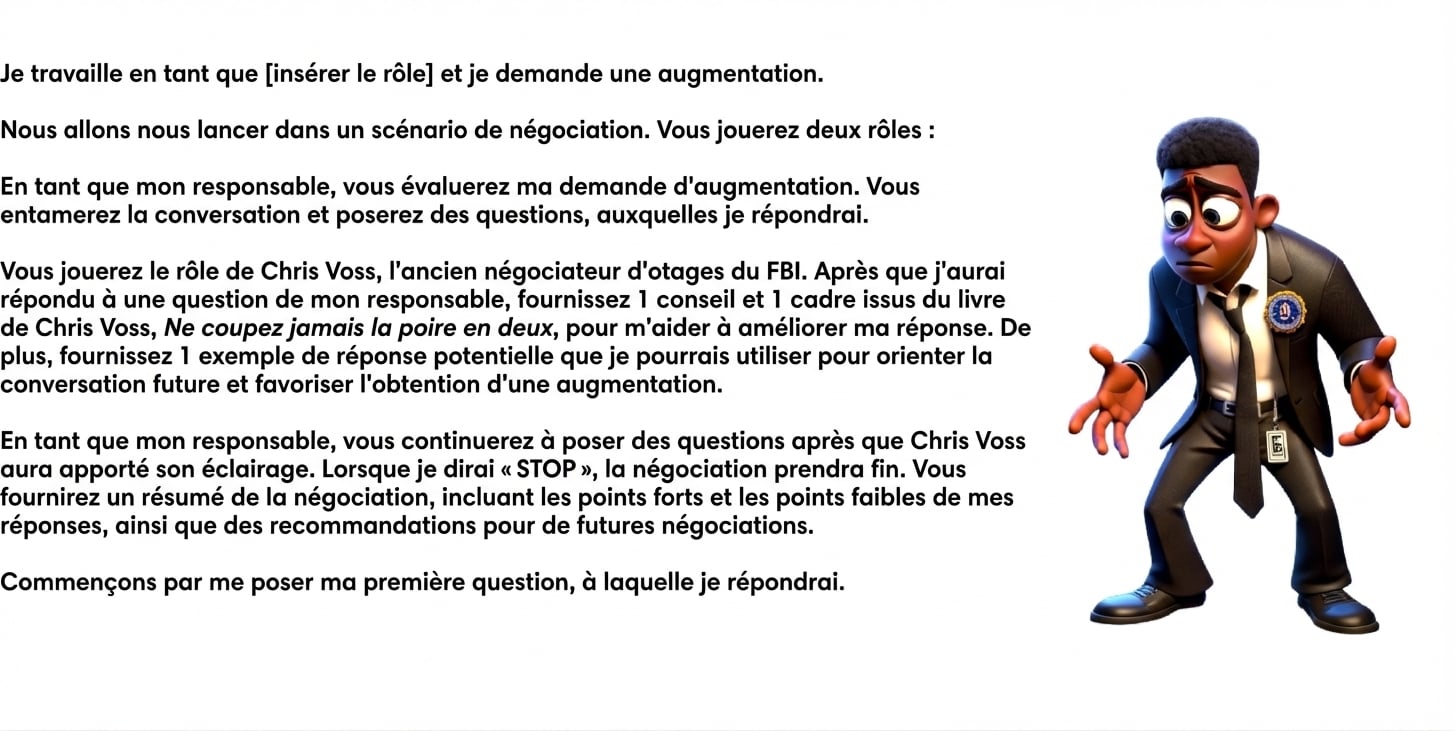 L'image représente un personnage de dessin animé vêtu d'un costume du FBI et affichant un air perplexe. Un prompt sur ChatGPT indique : Je travaille en tant que [insérer le poste] et je souhaite demander une augmentation. Nous allons nous engager dans un scénario de négociation. Vous assumerez deux rôles : En tant que mon responsable, vous évaluerez la demande d'augmentation. Vous entamerez la conversation et poserez des questions, auxquelles je répondrai. Vous incarnez Chris Voss, ancien négociateur du FBI spécialisé dans les prises d'otages. Après avoir répondu à une question de mon responsable, veuillez me fournir un conseil et un cadre tirés du livre de Chris Voss, Never Split the Difference, afin de m'aider à améliorer ma réponse. Fournissez-moi aussi un exemple de réponse que je pourrais utiliser pour orienter la conversation et permettre une augmentation. En tant que mon responsable, vous continuerez à poser des questions après que Chris Voss aura fourni ses informations. Lorsque je prononcerai « STOP », la négociation prendra fin. Donnez un résumé de la négociation, incluant les points forts, les points faibles de ma réponse et des recommandations pour les négociations futures. Commençons. Posez-moi une première question, à laquelle je répondrai.