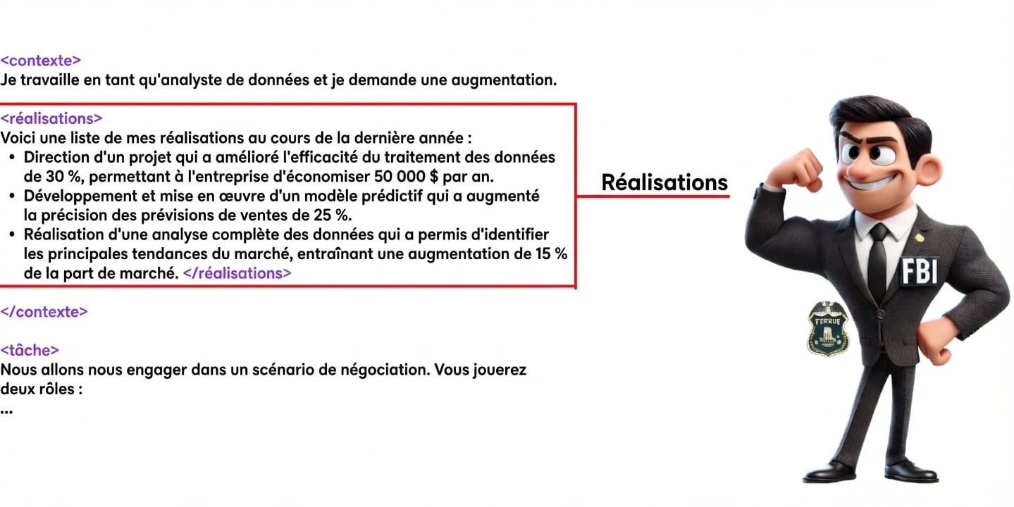 L'image représente un agent du FBI en dessin dans une posture assurée. À gauche de l'agent, on trouve des balises XML : contexte, réalisations et tâche