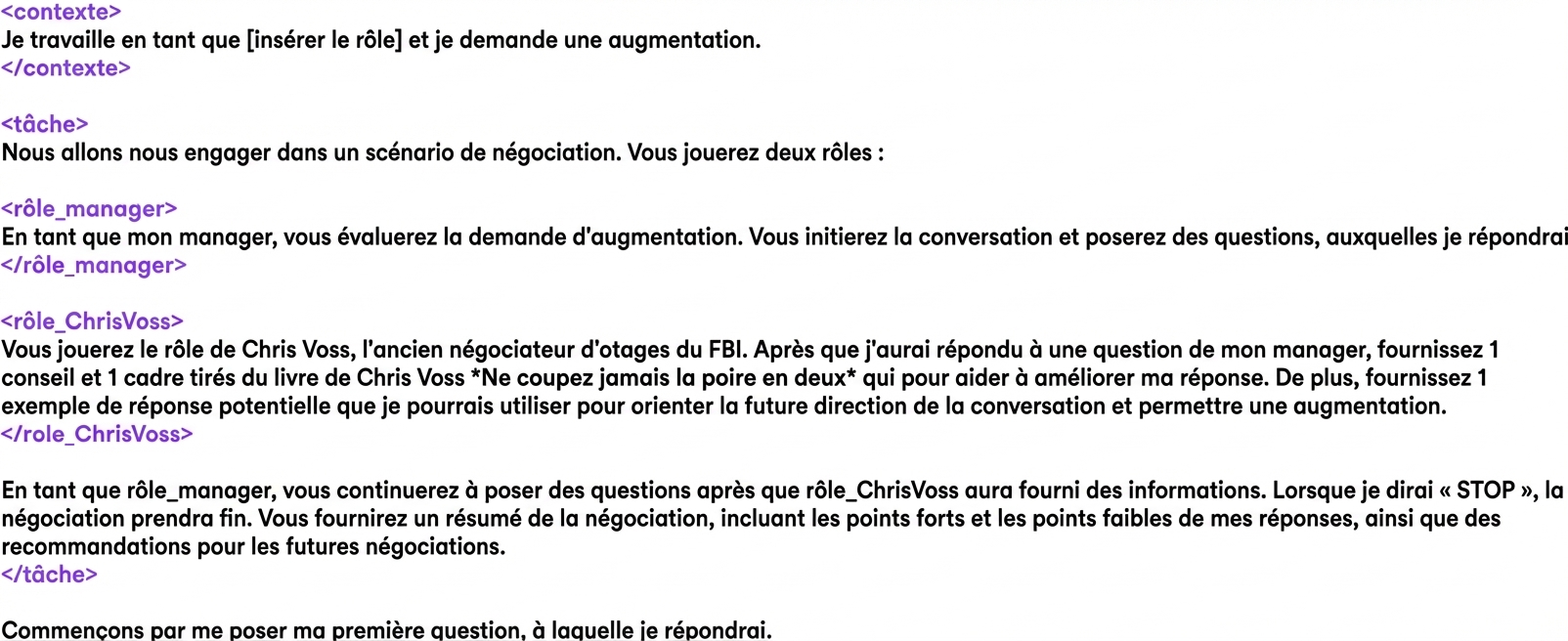 Prompt ChatGPT qui inclut désormais des exemples de balises XML