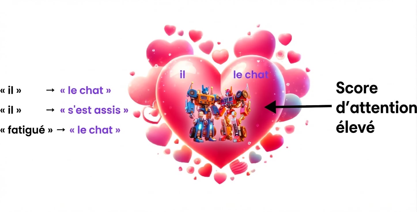 L'image représente deux robots colorés à l'intérieur d'un grand cœur rose entouré de cœurs plus petits. Le robot de gauche est étiqueté « it » et celui de droite « the cat ». À gauche du cœur, trois extraits de texte sont affichés verticalement : « the cat », « sat » et « the cat », tous en bleu