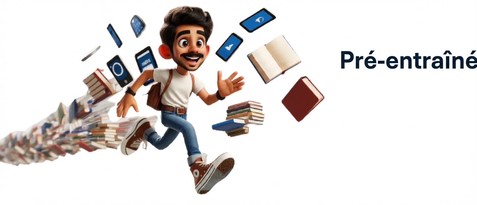 Illustration représentant un homme courant avec des livres et des appareils électroniques traînant derrière lui, avec le mot « Pre-trained » à droite