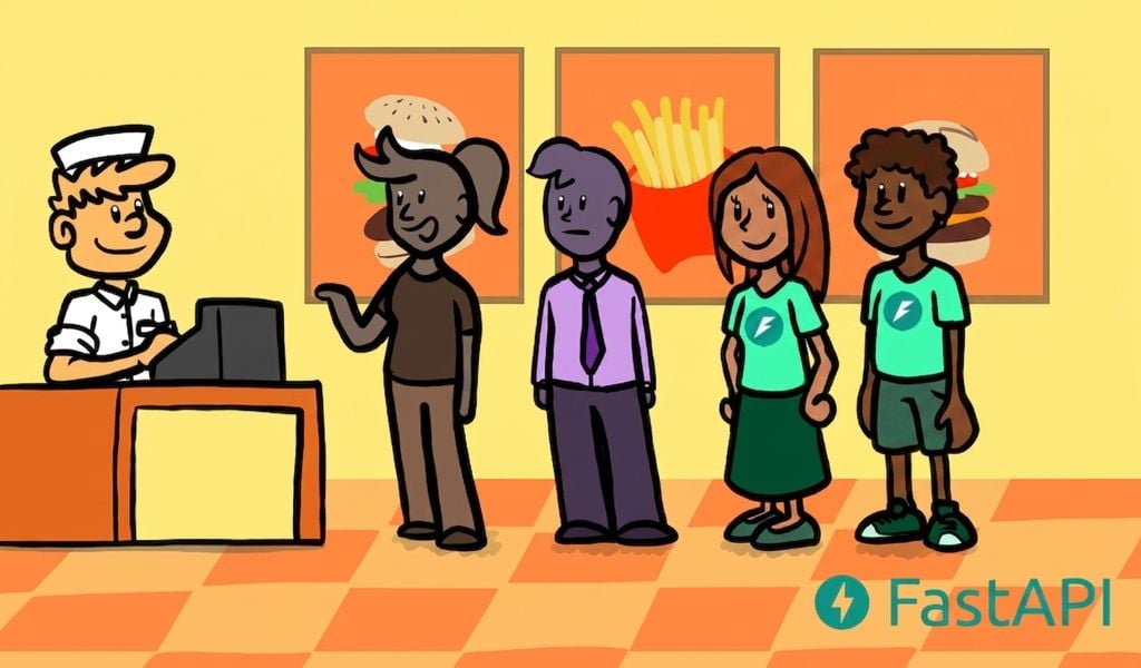 Clients faisant la queue pour des burgers préparés et servis en parallèle