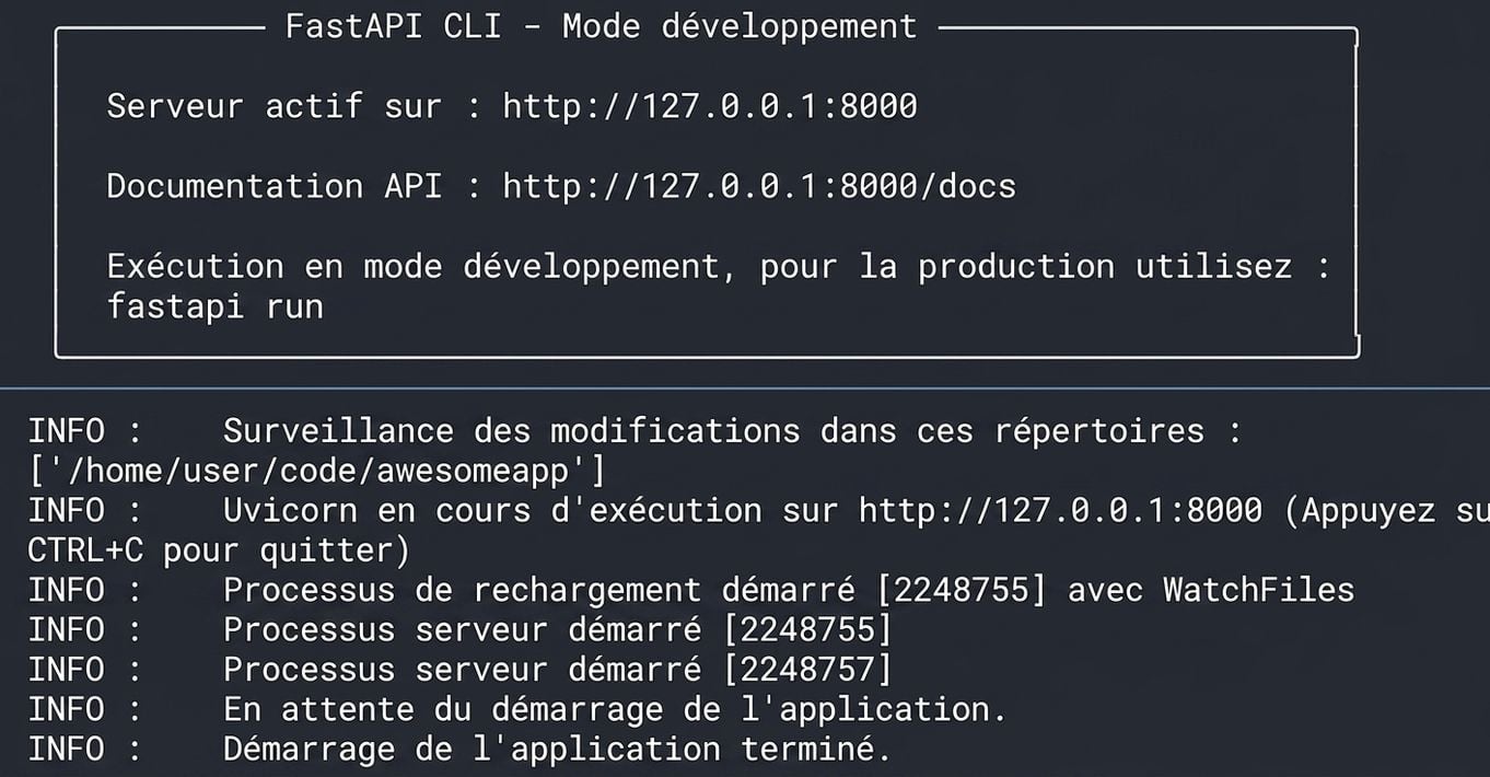 REPL affichant FastAPI en cours d'exécution