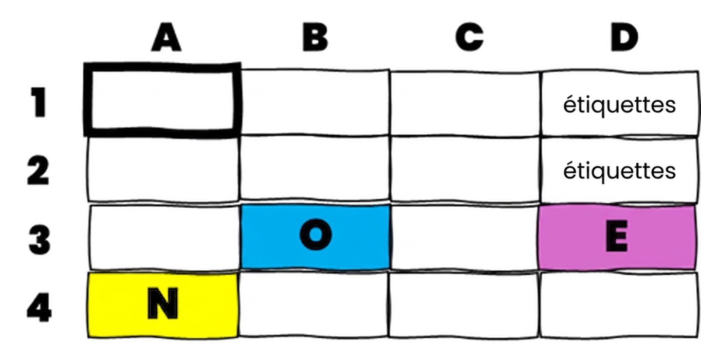 Un tableau Excel avec plusieurs cellules colorées contenant des lettres