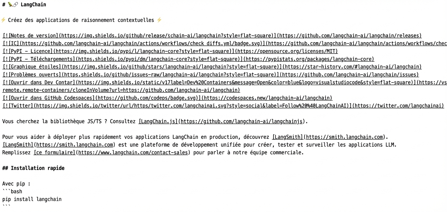Le markdown brut utilisé pour créer le fichier README dans le dépôt GitHub de LangChain.