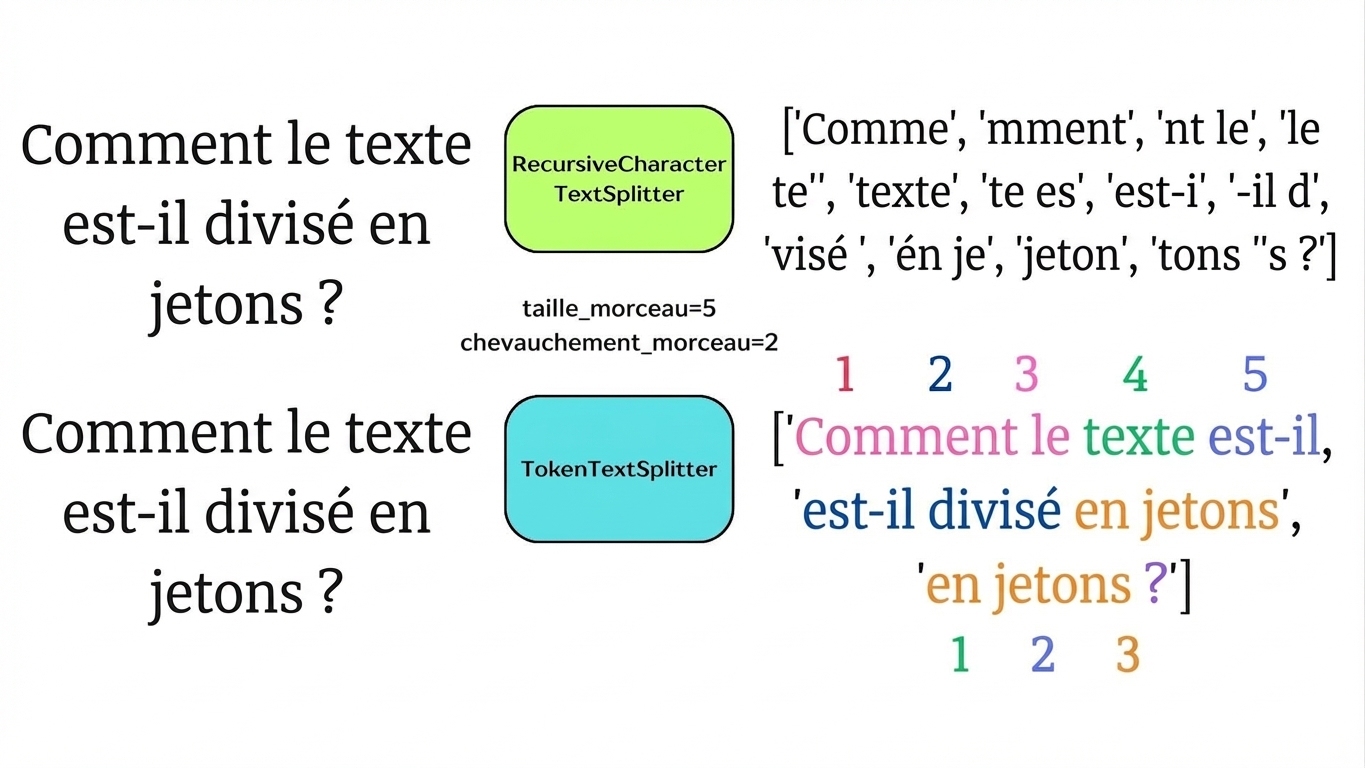 Les jetons sont surlignés pour montrer l’alignement avec chunk_size et chunk_overlap.