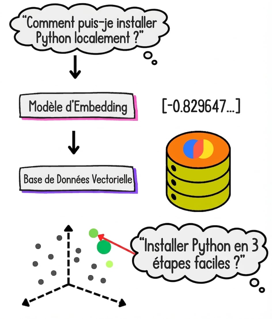 Le workflow RAG typique avec base vectorielle.