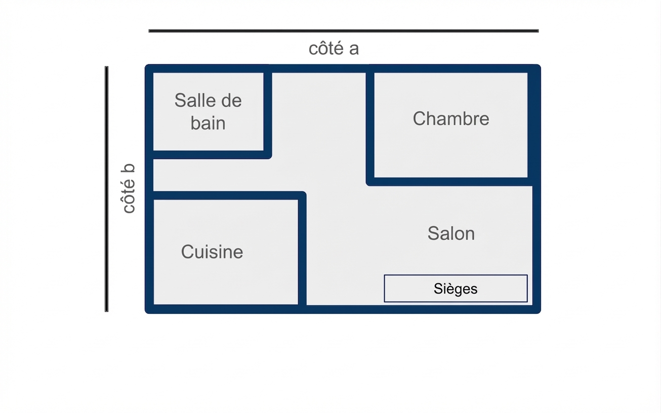 Plan rectangulaire d’un studio avec la longueur et la largeur indiquées « côté a » et « côté b » respectivement.