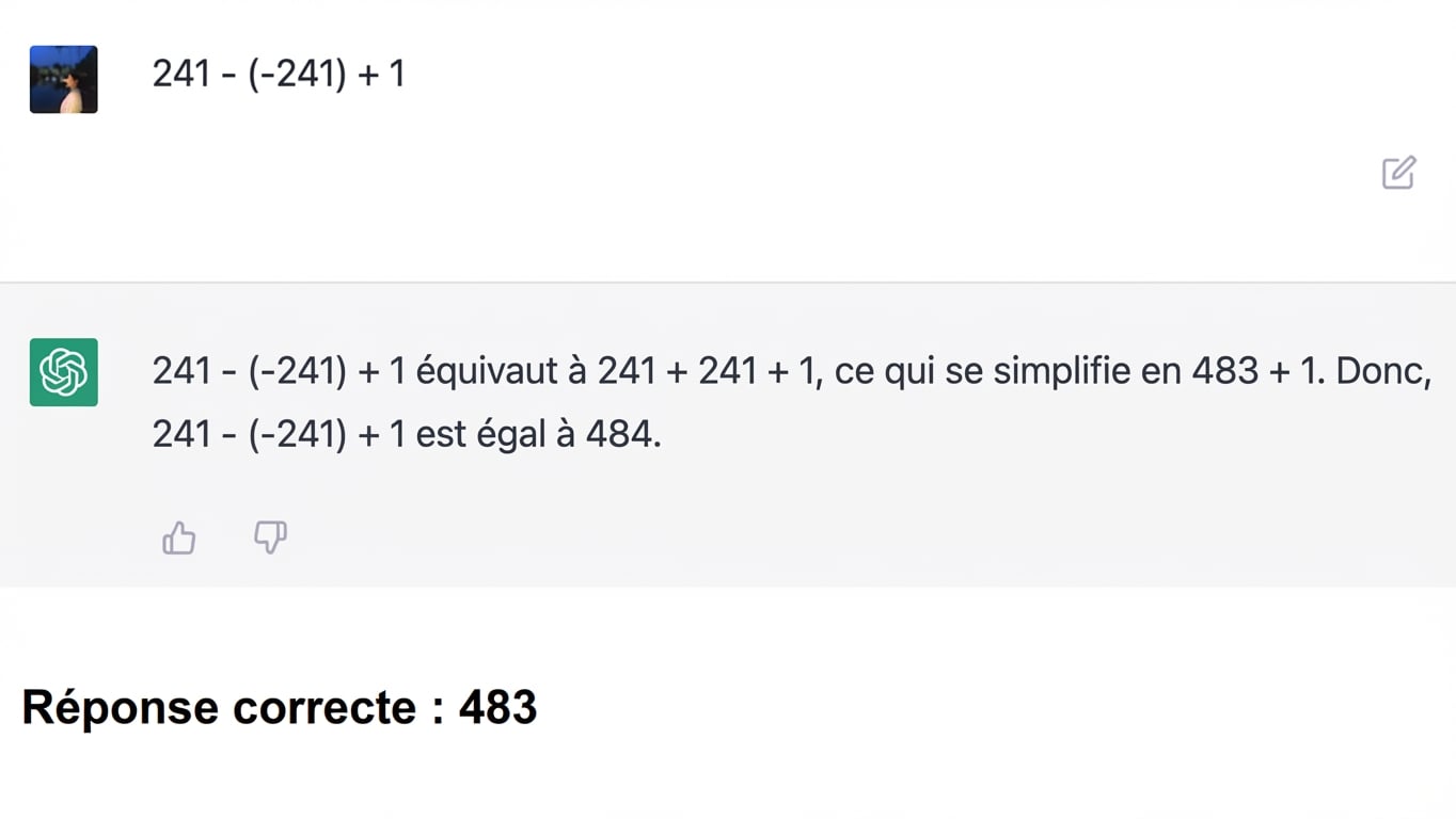 Capture d’une réponse de calcul erronée d’une ancienne conversation ChatGPT. Réponse correcte « 483 » ajoutée en bas de l’image.