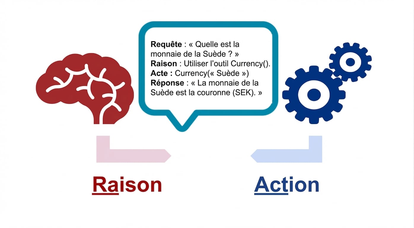 Schéma d’un cerveau, d’engrenages d’action, et d’une bulle avec requête et raisonnement, action et réponse.