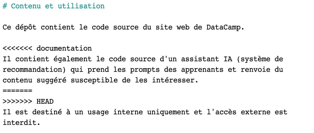 Fichier README affichant les sections conflictuelles à l'aide de nano