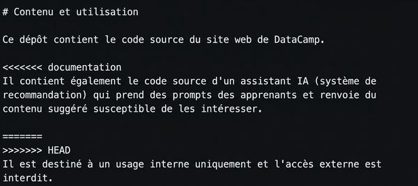 Éditeur web nano supprimant la syntaxe Git <<<<<<< documentation, =======, et >>>>>>> HEAD