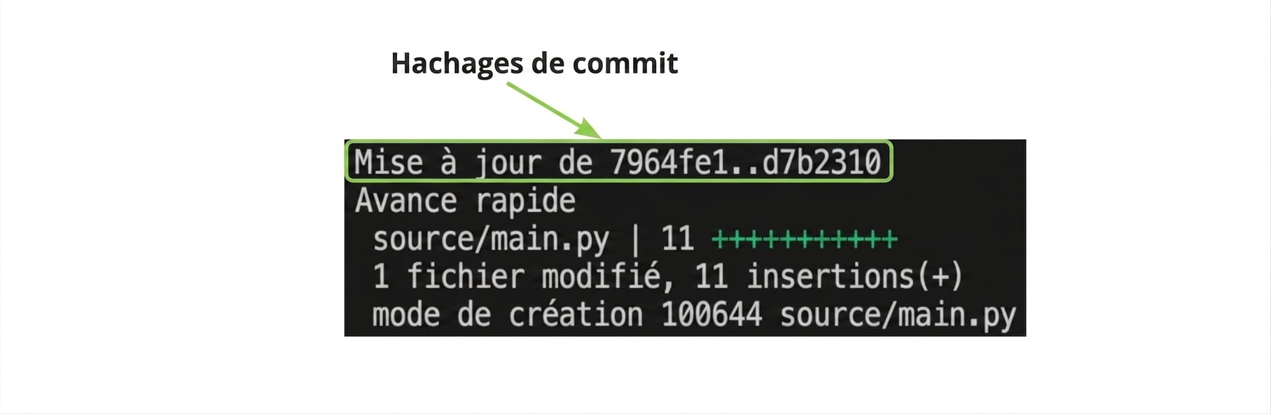 git_merge_output avec mise en évidence des hachages de commit