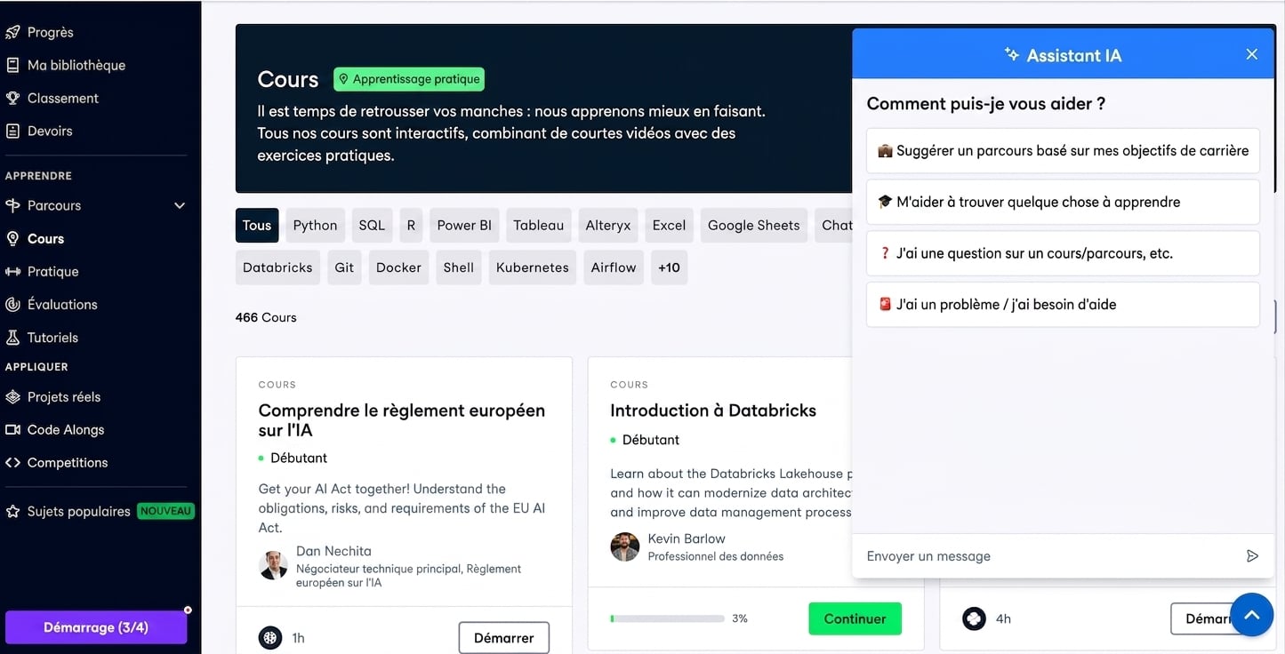 Page des cours DataCamp avec l'assistant IA