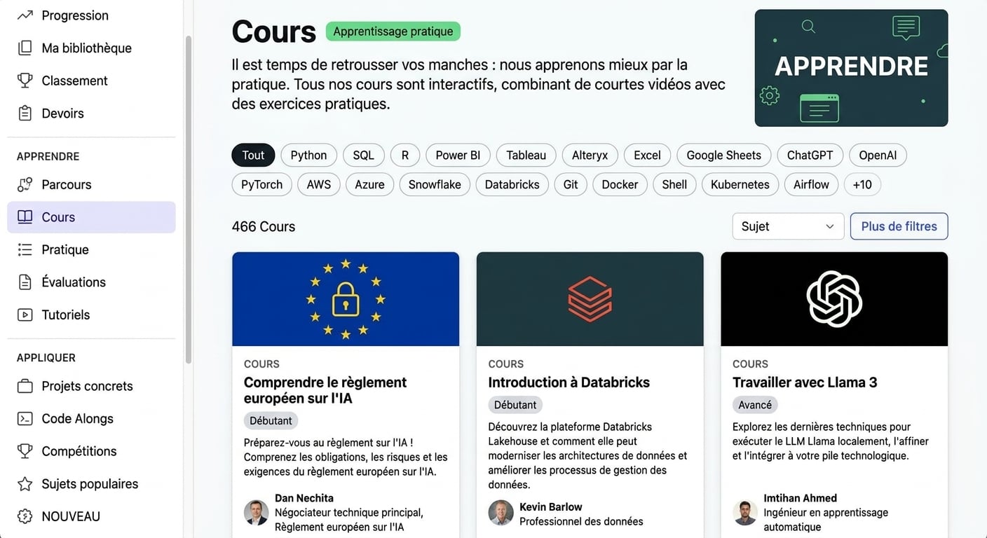 Page des cours DataCamp