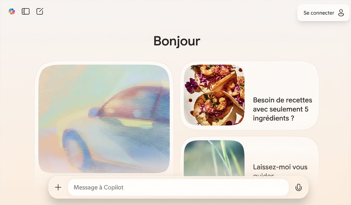 Une image illustrant l'interface Web de Copilot. Il y a des images accompagnées d'un prompt juste en dessous, qui sont classées par ordre séquentiel.