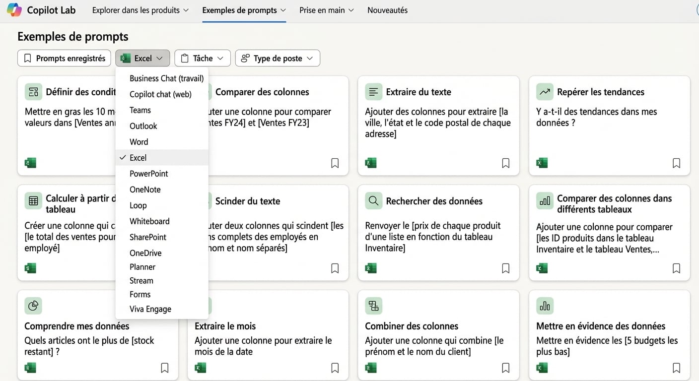 Une série de prompts proposés par Copilot Lab, avec un filtre déroulant.