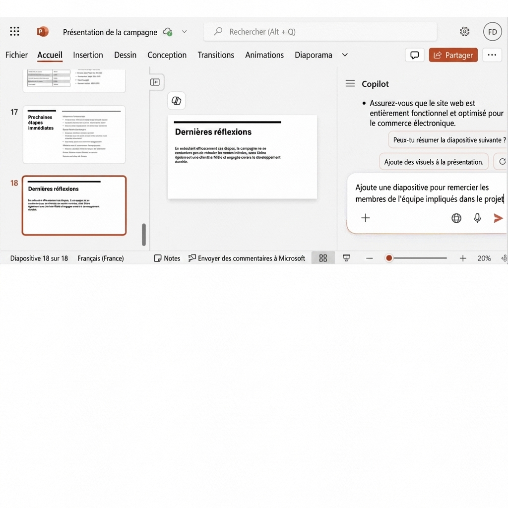 Diapositive PowerPoint avec le chat Copilot ouvert montrant la conversation avec un utilisateur demandant d’ajouter une autre diapositive.