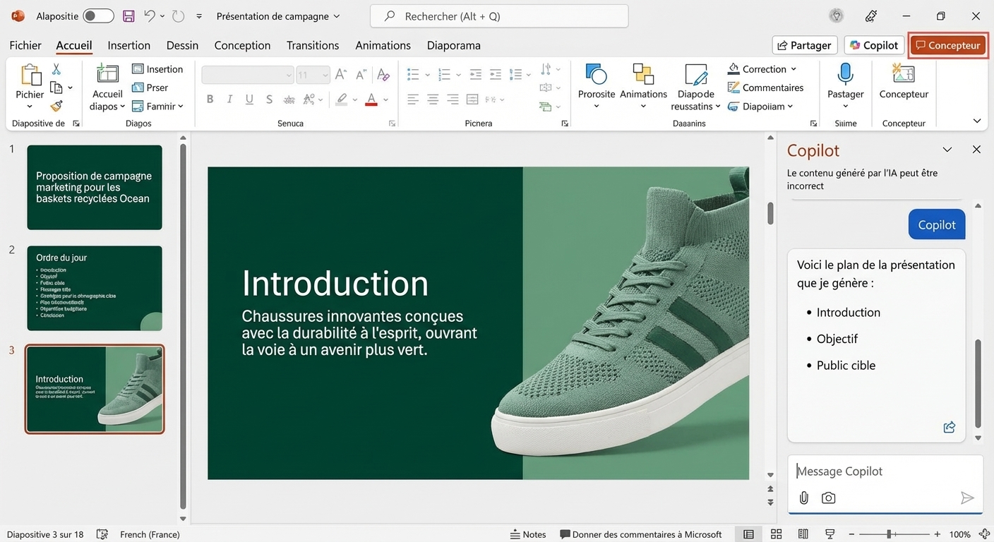 Screenshot de la présentation PowerPoint, avec Designer mis en évidence