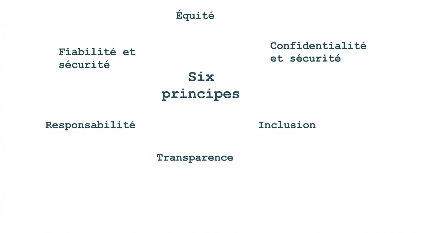 Un texte intitulé « Six principes », entouré des termes désignant ces principes : équité, confidentialité et sécurité, fiabilité et sûreté, responsabilité, inclusivité et transparence.