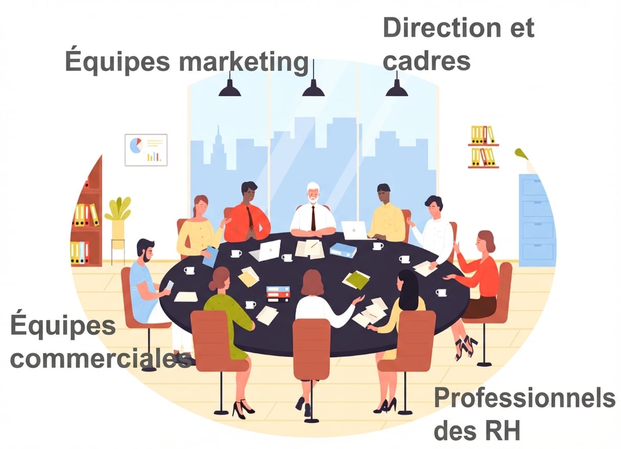 Illustration d'un groupe diversifié de professionnels, comprenant des spécialistes du marketing, des commerciaux, des professionnels des ressources humaines et des cadres, assis autour d'une grande table de conférence dans une salle de réunion.