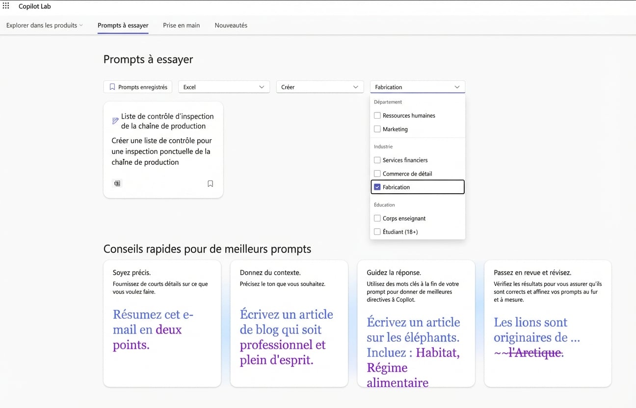 Une série de prompts proposés par Copilot Lab, avec un filtre déroulant.