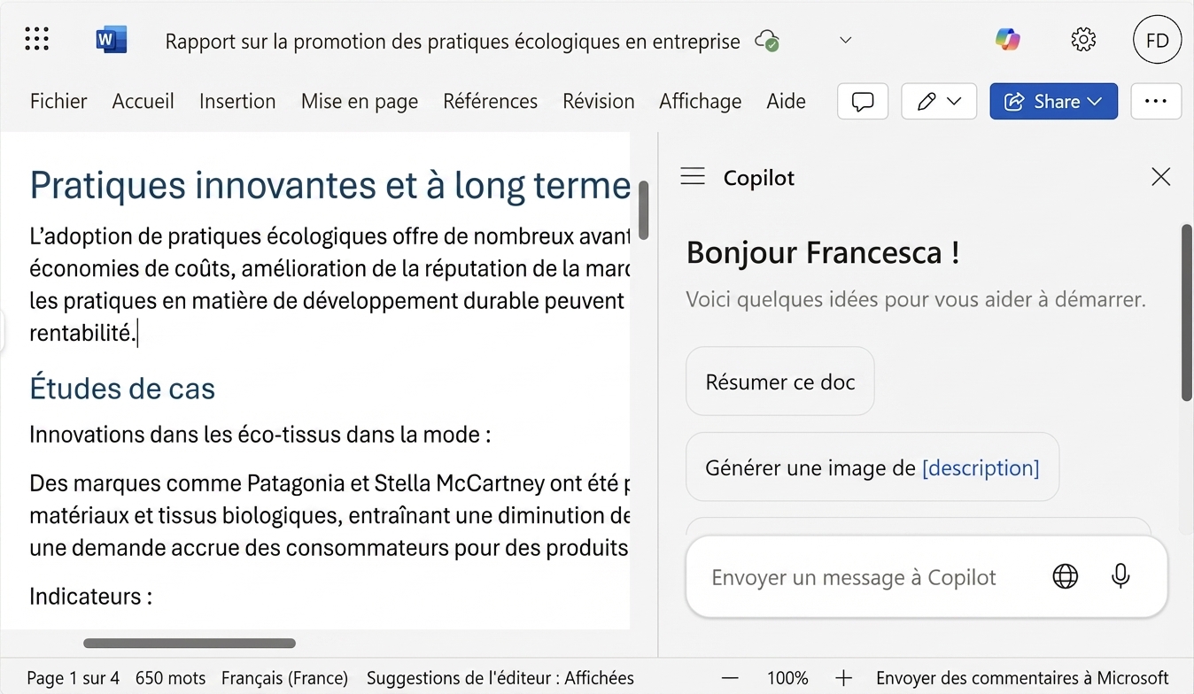 Un screenshot d'un document Word ouvert avec un chat Copilot sur le côté.