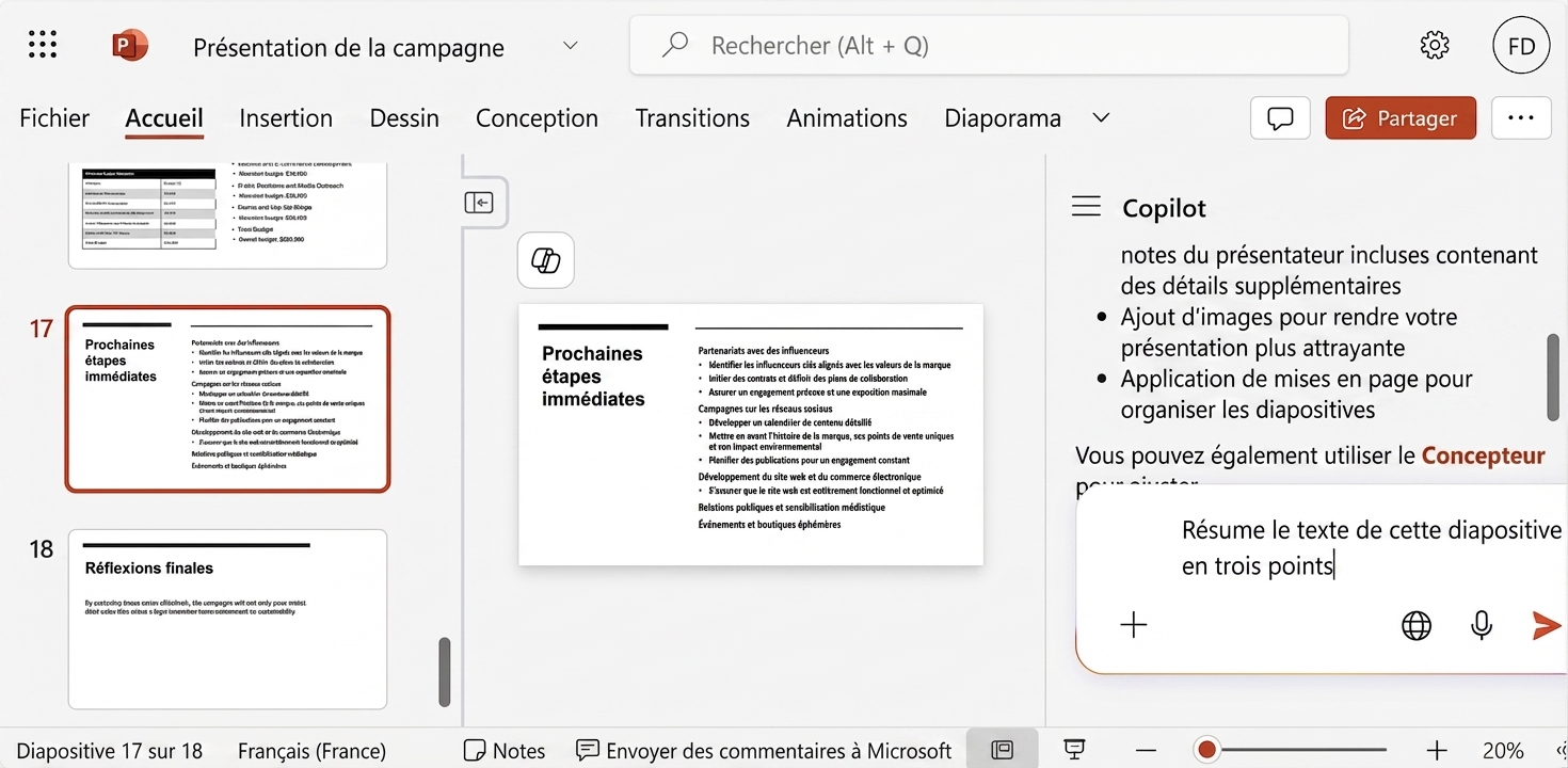 Un screenshot d'une diapositive PowerPoint avec le chat Copilot ouvert sur le côté et un utilisateur demandant de résumer le texte de la diapositive.