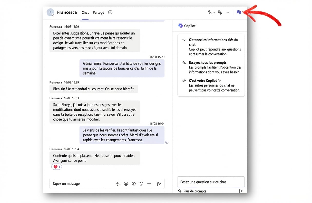 Capture d'écran d'une conversation Microsoft Teams avec une fenêtre de discussion secondaire ouverte pour poser des questions à Copilot. Flèche rouge indiquant l'icône Copilot
