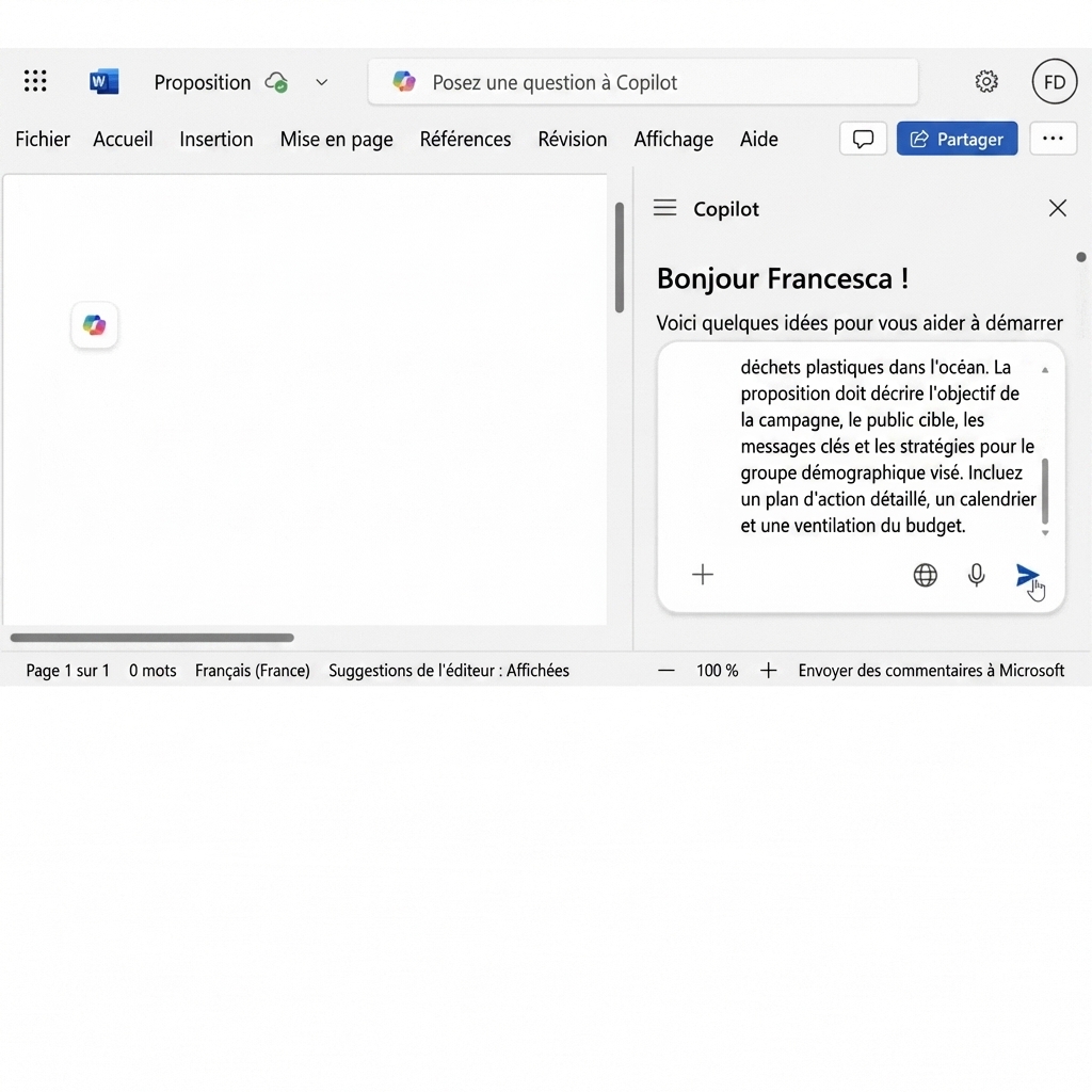 Un chat Copilot ouvert demandant de \"créer une proposition de projet pour une nouvelle campagne marketing\" et le document de proposition de campagne marketing créé par Copilot.