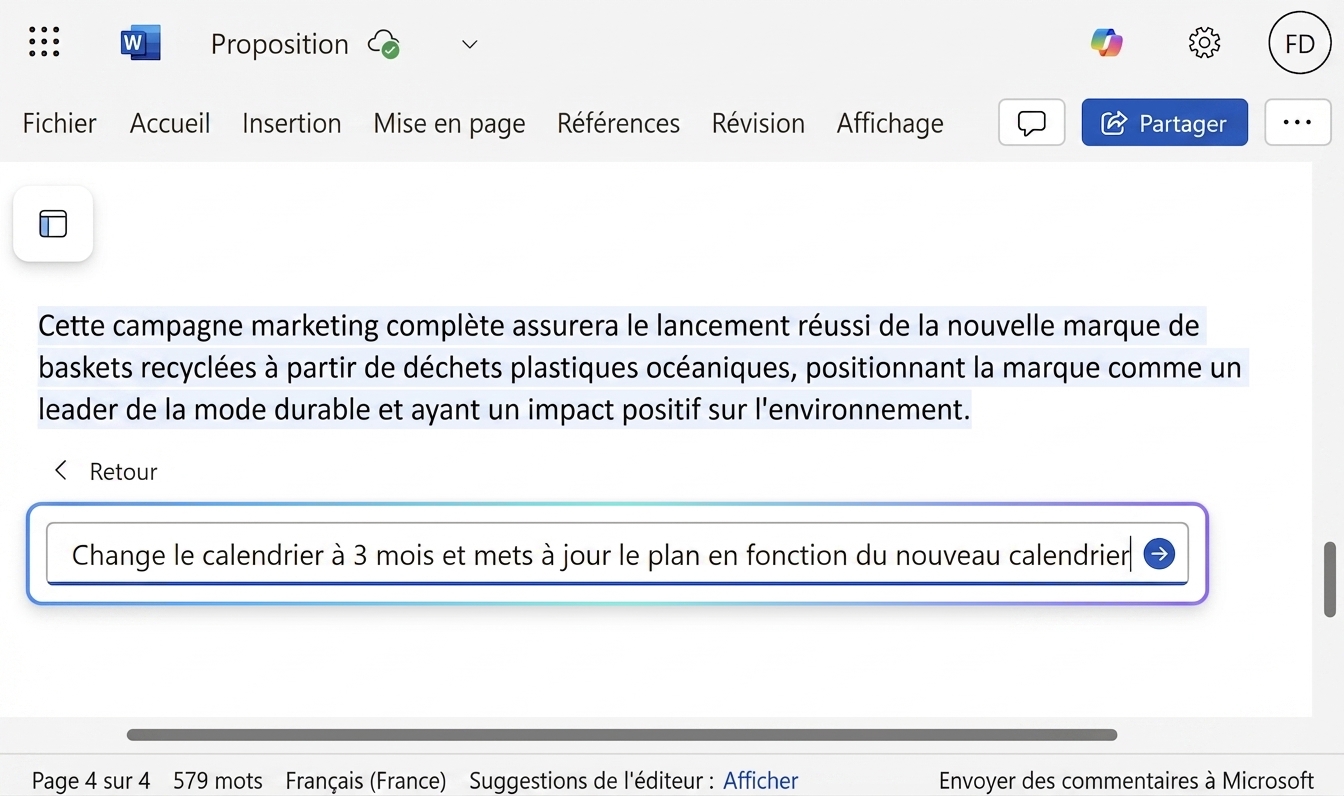 Une fenêtre de chat Copilot ouverte avec l'utilisateur demandant de changer la chronologie des dates.