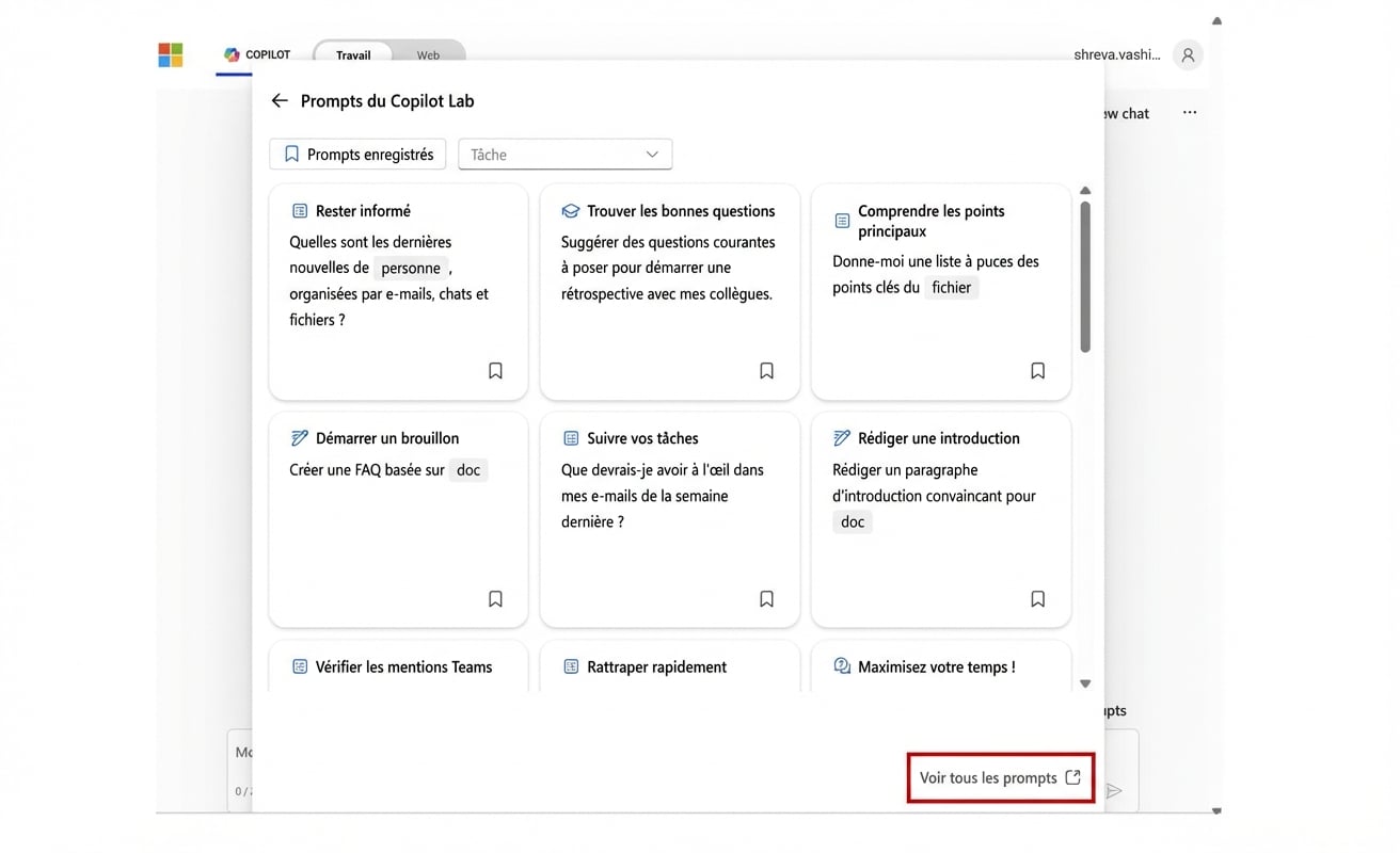 Une série de prompts proposés par Copilot Lab.
